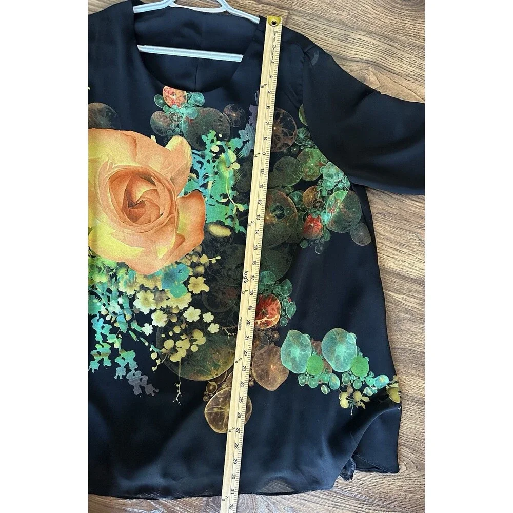 Jianruyi Rose Print Tunic Blouse Black Sheer Sleeve Stretch Boho Top Large